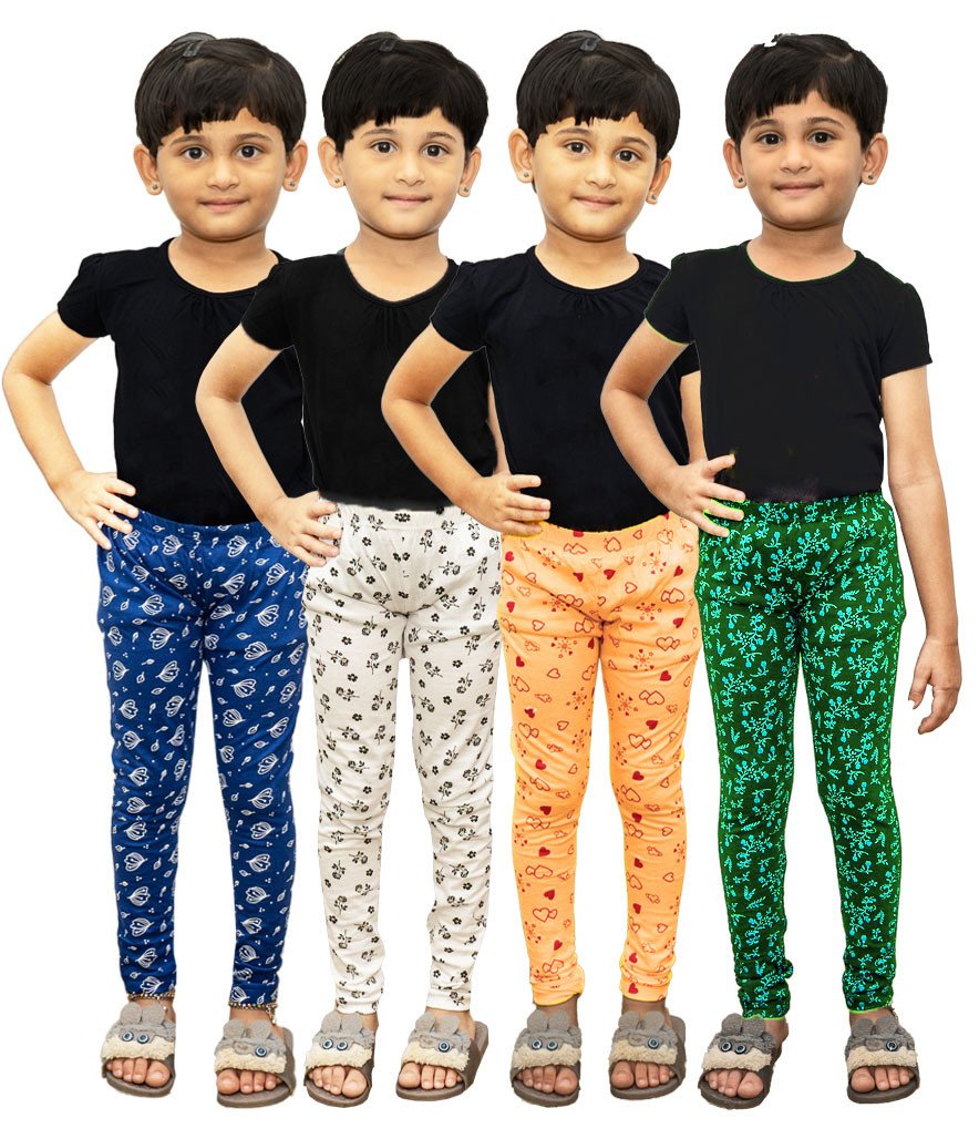 AFRA Girl's Regular Fit Cotton Full Length Printed Leggings Pack of 4 (Combo Offer) | Ankle Length Leggings 4 in 1