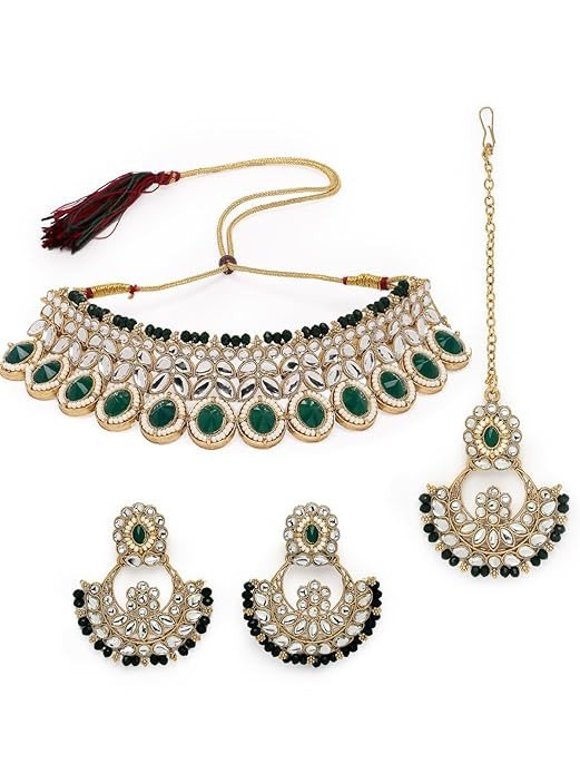 Sophisticated Bridal Looked Rani Pink Stone Studded Choker Necklace With Chandbali Earring Mangtikka Set For Women.