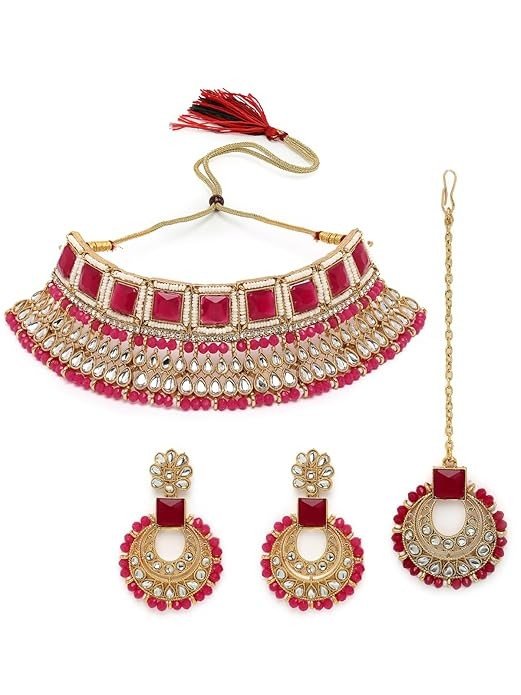 Sukkhi Classical Bridal Gold Plated Rani Pink Kundan & Beads Studded Choker Necklace Set For Women