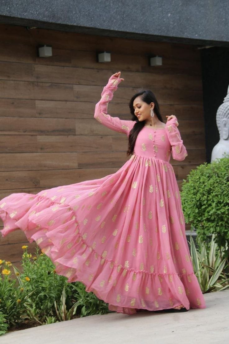 Sastha Fashion Stylish Classy Partywear Georgette Fabric Long Sleeves Printed Pink Colour Round Neck Full Length Flared Ruffle Gown For Women ( S , M , L , XL , XXL , XXXL )