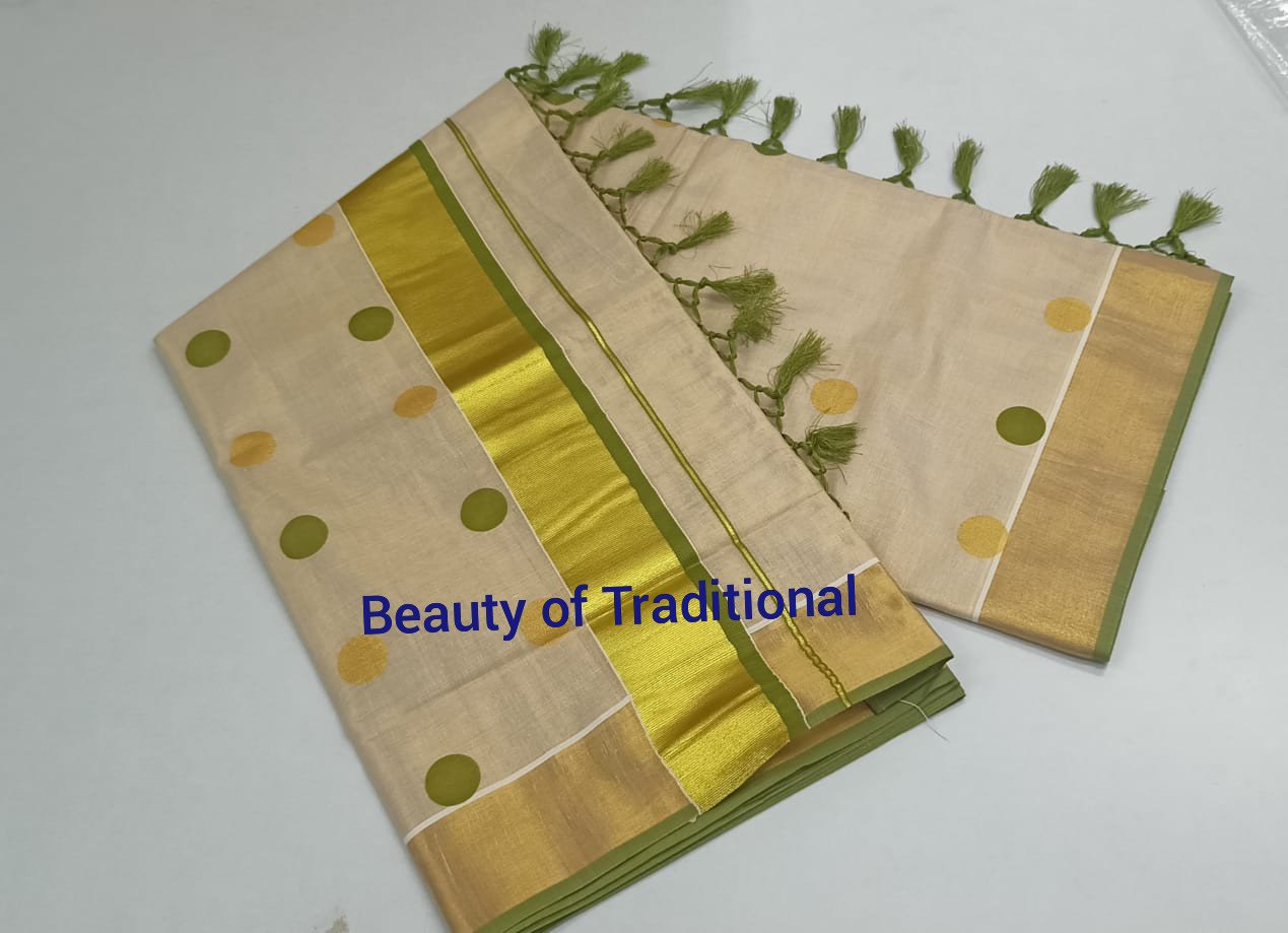 Avanika Collection's Kerala Traditional Tissue Printed Dot Set Saree With Blouse - Multicolour | Kerala Set Saree