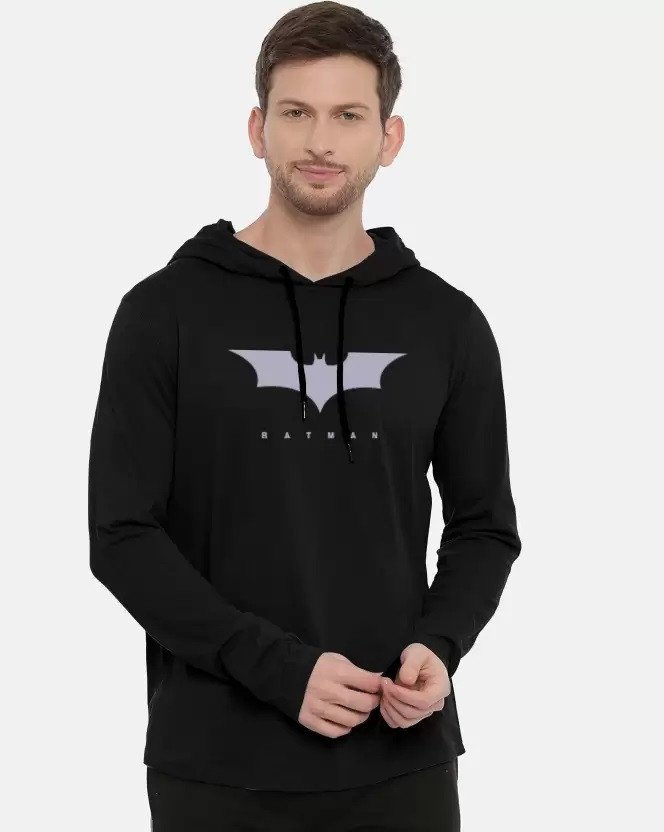 L G Garments Trendy Stylish Cotton Long Sleeves Printed T-Shirt With Hoodie For Men - Black & Navy | Men's T-Shirt With Hoodie (S , M , L , XL , XXL)