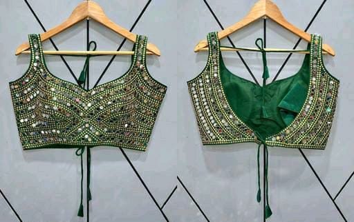 Sastha Fashion Stylish Heavy Phantom Silk Thread Zari Work Handmade Real Mirror Lace And Embroidery Work Sleeveless Readymade Saree Blouse For Lehenga Choli - Green Colour