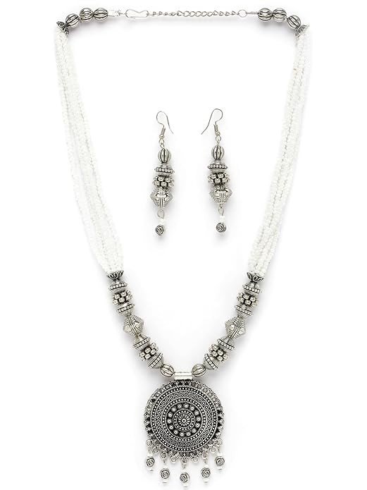 Sukkhi Ethnic Oxidised Silver Plated Stylish Beads Long Necklace Set And Earring | Jewellery Set For Women