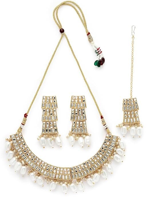 Sukkhi Beautiful Gold Plated AD White & Beads Collar Bone Necklace Set With Earring And Maangtika | Jewellery Set For Women (NS105561)