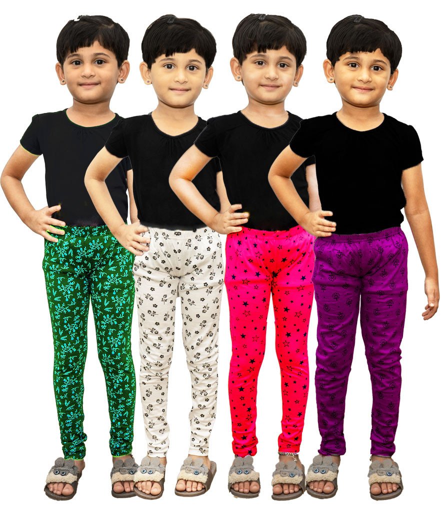 AFRA Garments Girl's Casual Stylish Ankle Length Slim Fit Daily Use Printed Pure Cotton Leggings (Pack of 4)  | Full Length Leggings 4 in 1 (Combo)