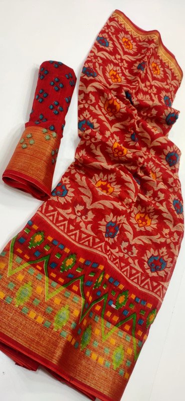 Avanika Collection's Women Pure Silk Cotton Floral Digital Designer Sarees With Contrast Pallu And Blouse - Multicolour | Pure Silk Cotton Saree