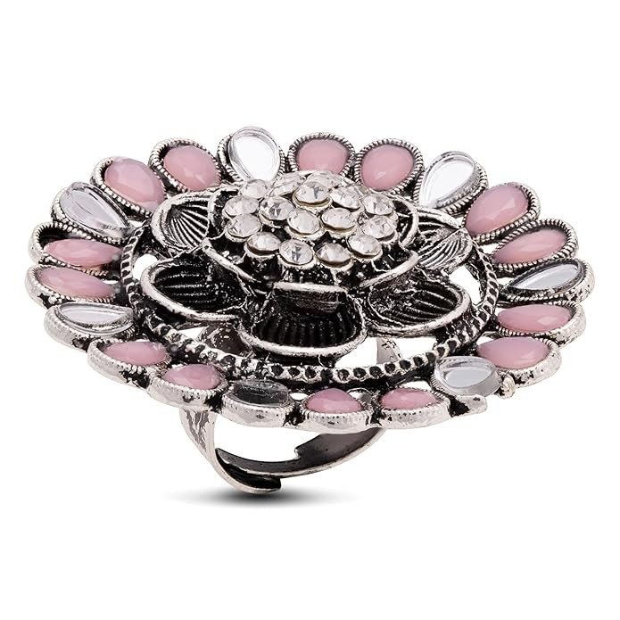 Floral Gold Plated Colour Stone Adjustable Ring For Women.