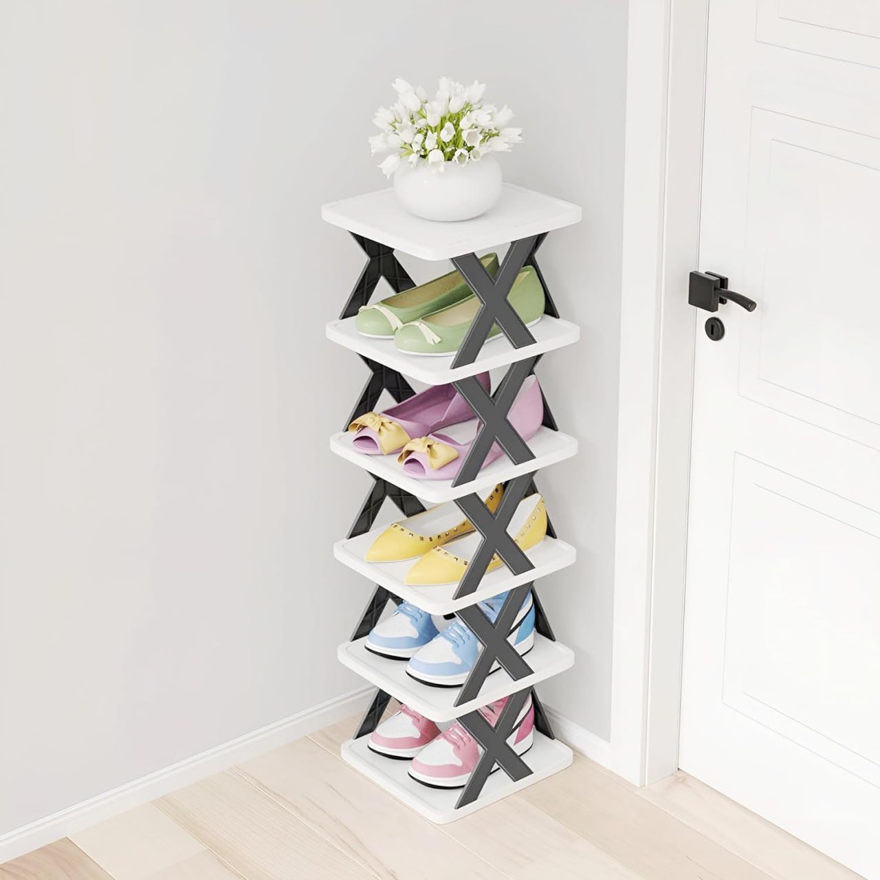 SmartGadgets 6 Layer Shoe Rack for Home Plastic, Adjustable Stand Organizer Stackable Storage Bedroom Entryway Shelf Footwear Collapsible Corner Tower Shoes and Book Slots Rack
