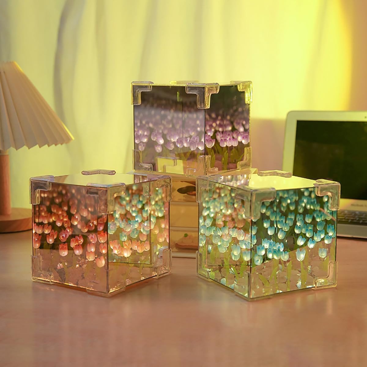 SmartGadgets  Tulip Night Light DIY Cube Mirror Light 2-in-1 20 Flowers Decoration Lamp Birthday Gifts for Women and Girls Multicolor -Pink