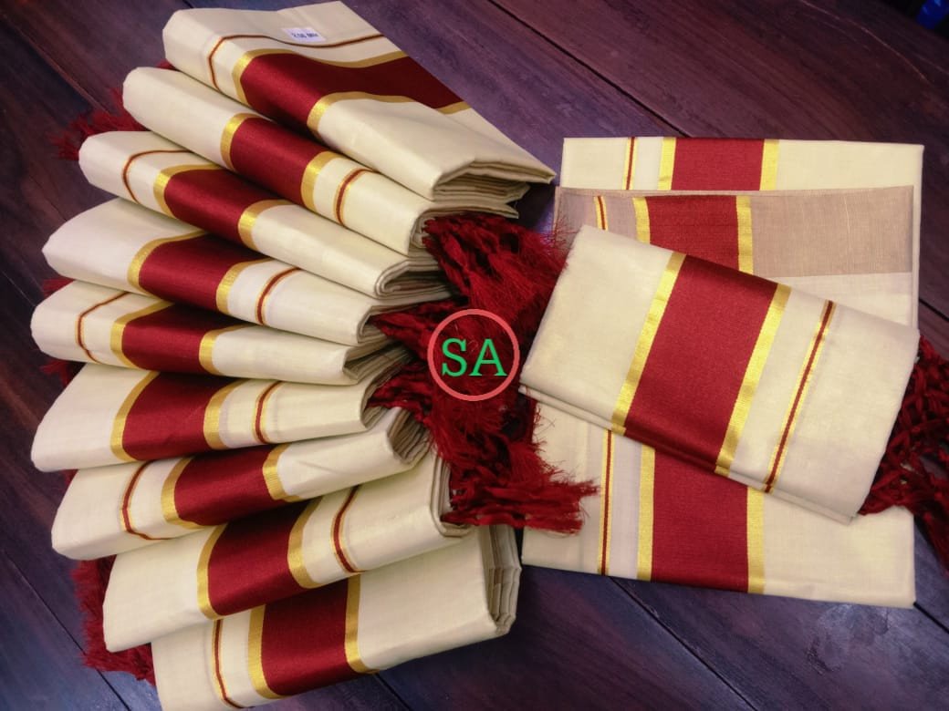 Aparna Collection's Kerala Traditional Premium Quality Golden Tissue Set Mundu  - Maroon & Green Border (Uniform Available) | Kerala Style Set Mundu