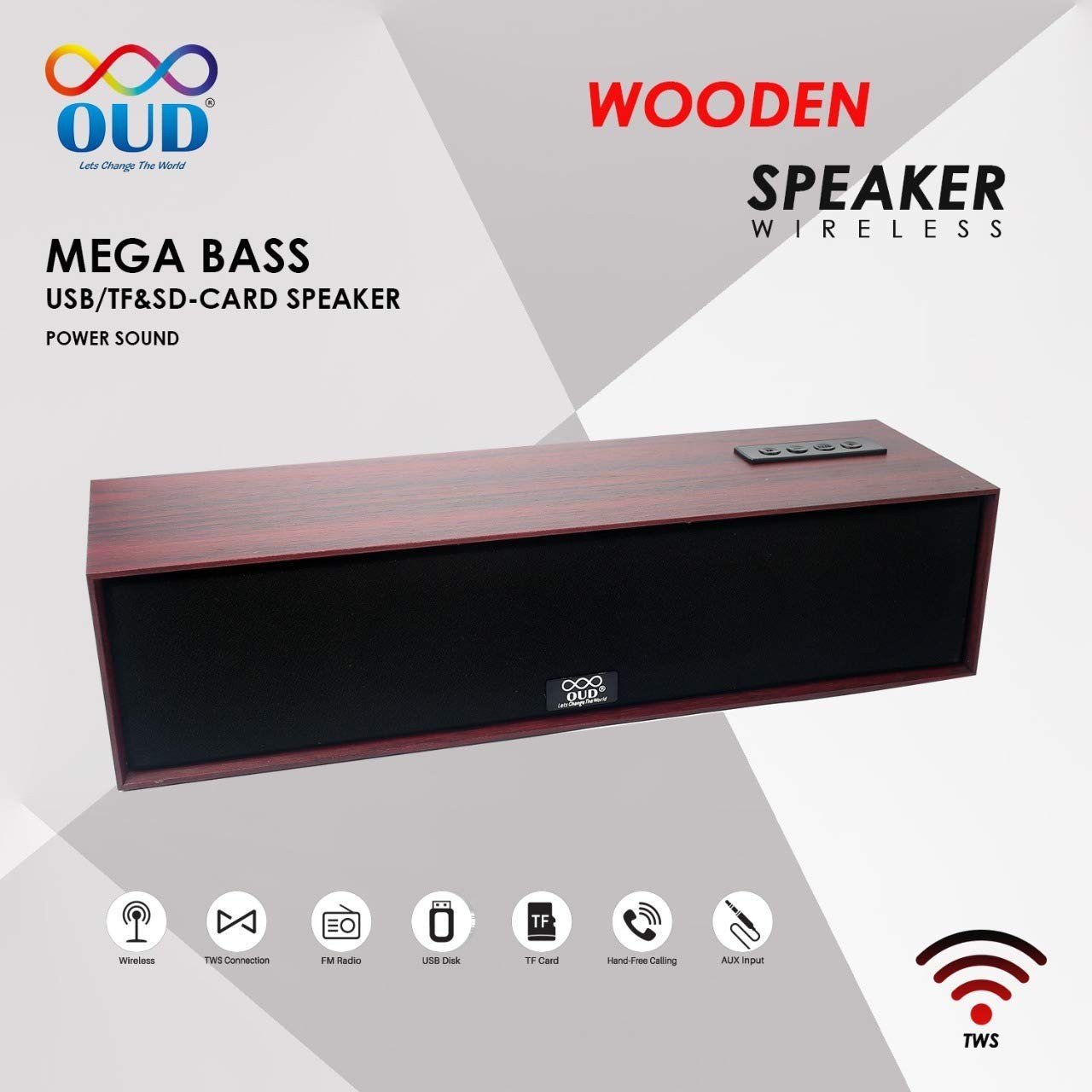 OUD Mega Bass Wooden Sound Bar Wireless 10W with 2000 mAh Bluetooth Speaker with Mic | USB | Micro Sd Card Reader | Fm Radio Speaker Compatible with All Smart Device (Brown)