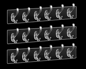 SmartGadgets 3 Pcs 6 Rows Multifunctional Transparent Sticky Hook Set Adhesive Sticker Hanger in Kitchen Bathroom Oilproof Home Wall Hanging Waterproof Seamless Invisible Strong Self Adhesive Wall Mou