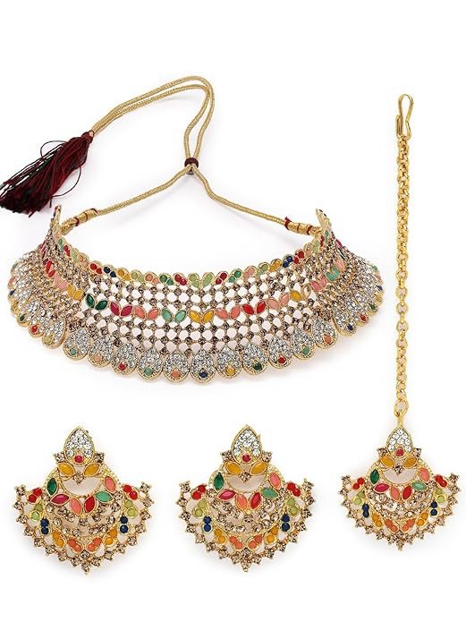 Graceful Curve Shaped Gold Plated AD Stones Choker Necklace Set With Earring And Maangtika | Jewellery Set For Women.