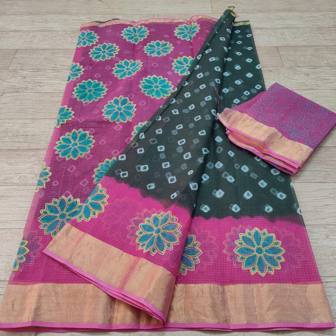 Edathal Star Collection's Soft & Smooth Kota Doria Pure Cotton Block Printed Saree With Blouse - Multi Colour | Pure Cotton Saree With Blouse