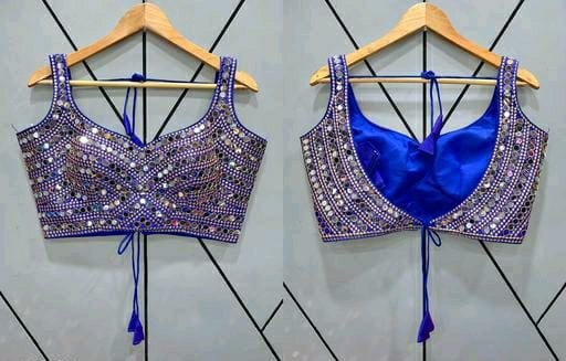 Sastha Fashion Stylish Heavy Phantom Silk Thread Zari Work Handmade Real Mirror Lace And Embroidery Work Sleeveless Readymade Saree Blouse For Lehenga Choli - blue Colour