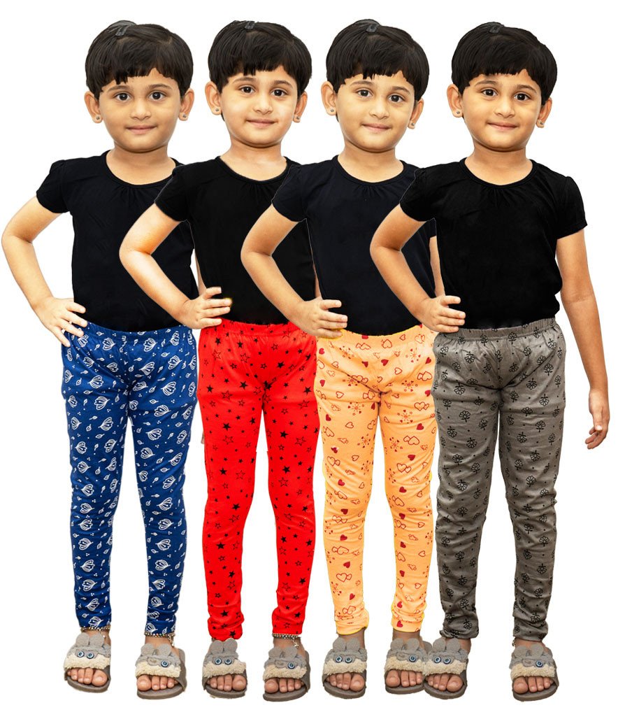AFRA Slim Fit Cotton Ankle Length Printed Leggings Pack of 4 For Kids | Full Length Leggings 4 in 1 (Combo)