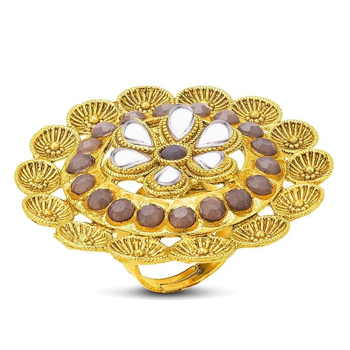 Exquitely Designer Traditional Floral Gold Plated Colour Stone Adjustable Ring For Women (LR103017)