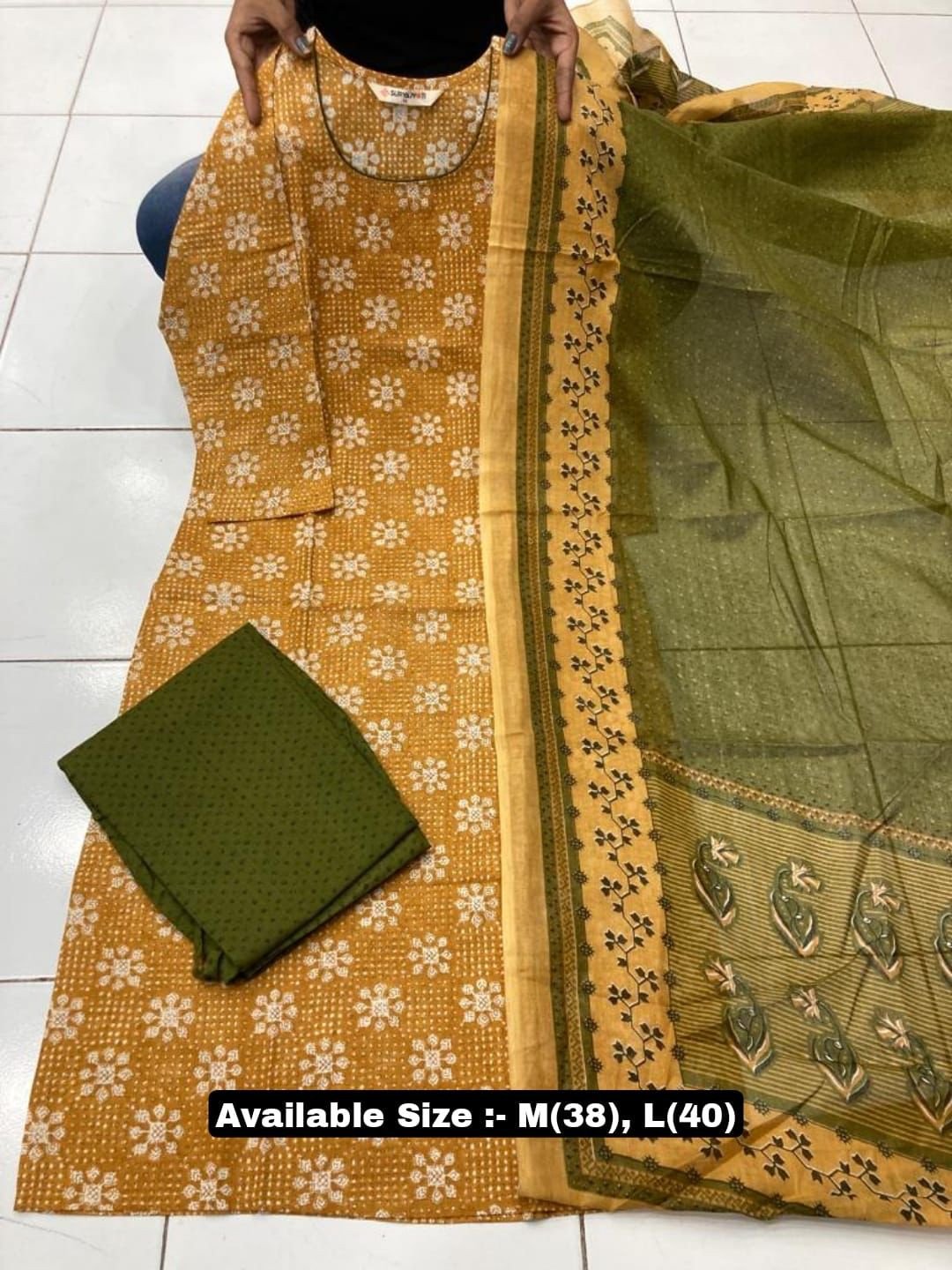 Sew In Style Printed Pure Cotton Ready Made Kurti And Pend With Duppatta | Ladies Full Churidhar Set(Yellow and Green)