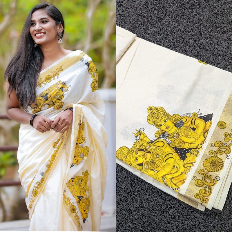 Sai Ram Textiles Kerala Kuthampully Premium Quality Cotton Mural Saree | Kerala Traditional Set Saree