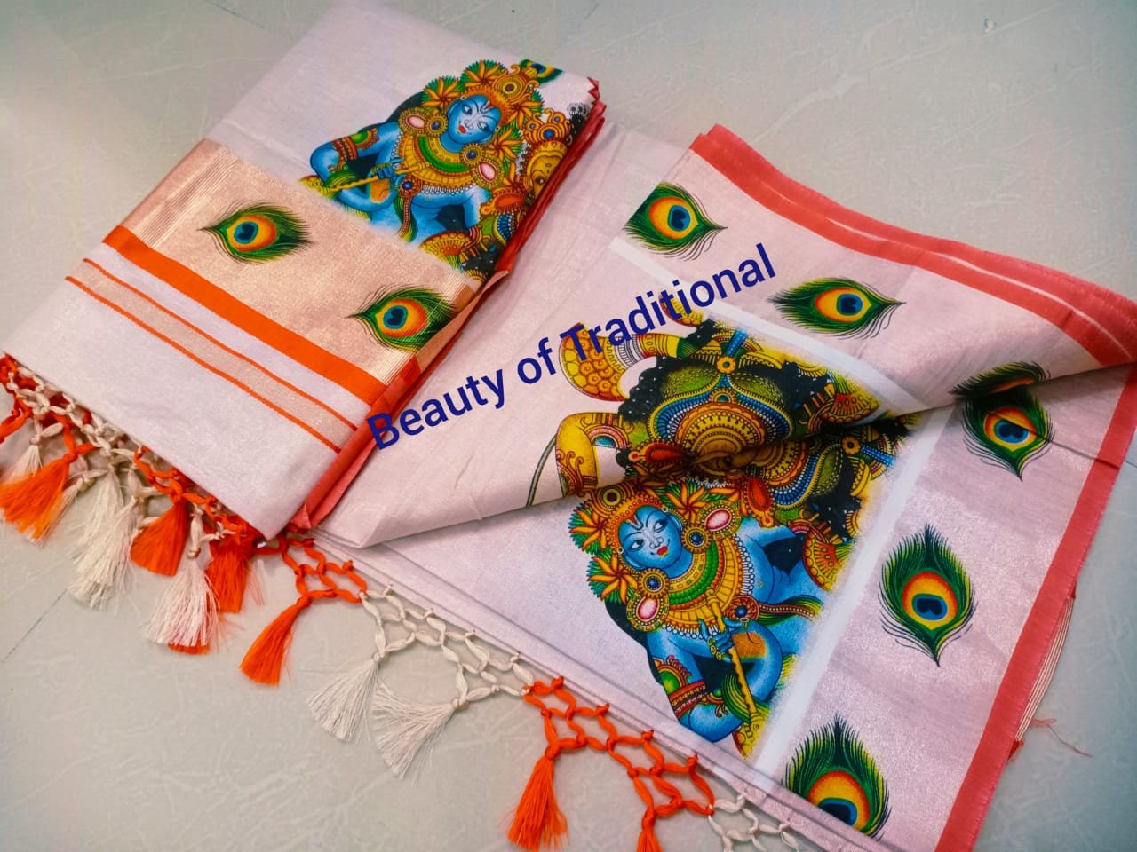 Avanika Collection's Rose Copper Tissue Mural Work Saree Kunjalam Types | Kerala Set Saree