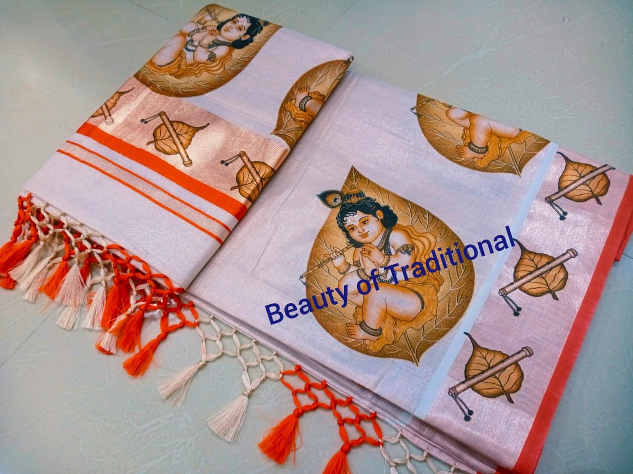 Avanika Collection's Kerala Kuthampully Rose Copper Tissue Mural Work Saree (Kunjalam Types) | Kerala Set Saree