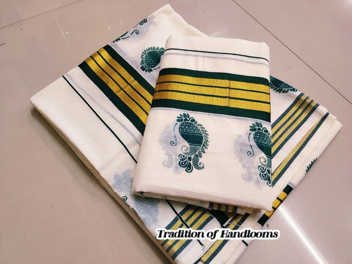 Avanika Collection's Kerala Traditional Cotton Mix Premium Quality Printed Set Mundu WIth Golden Kasavu Border | Kerala Set Mundu