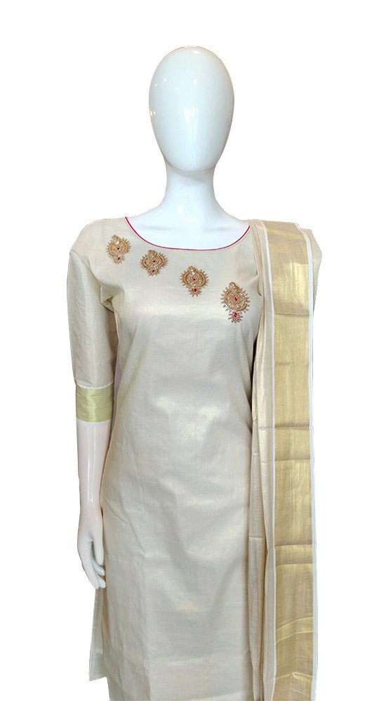 Avanika Collection's Kerala Traditional Attractive Stylish Tissue Cotton Salwar Full Set (Tissue Dupatta With Bead Work) | Kerala Traditional Churidar Set