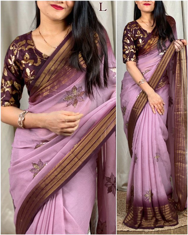 Edathal Star Collection's Soft And Smooth Georgette Chiffon Thread & Sequin Work In Saree With Gold Zari Weaving Border With Stylish Latkan In Pallu | Soft Georgette Chiffon Saree