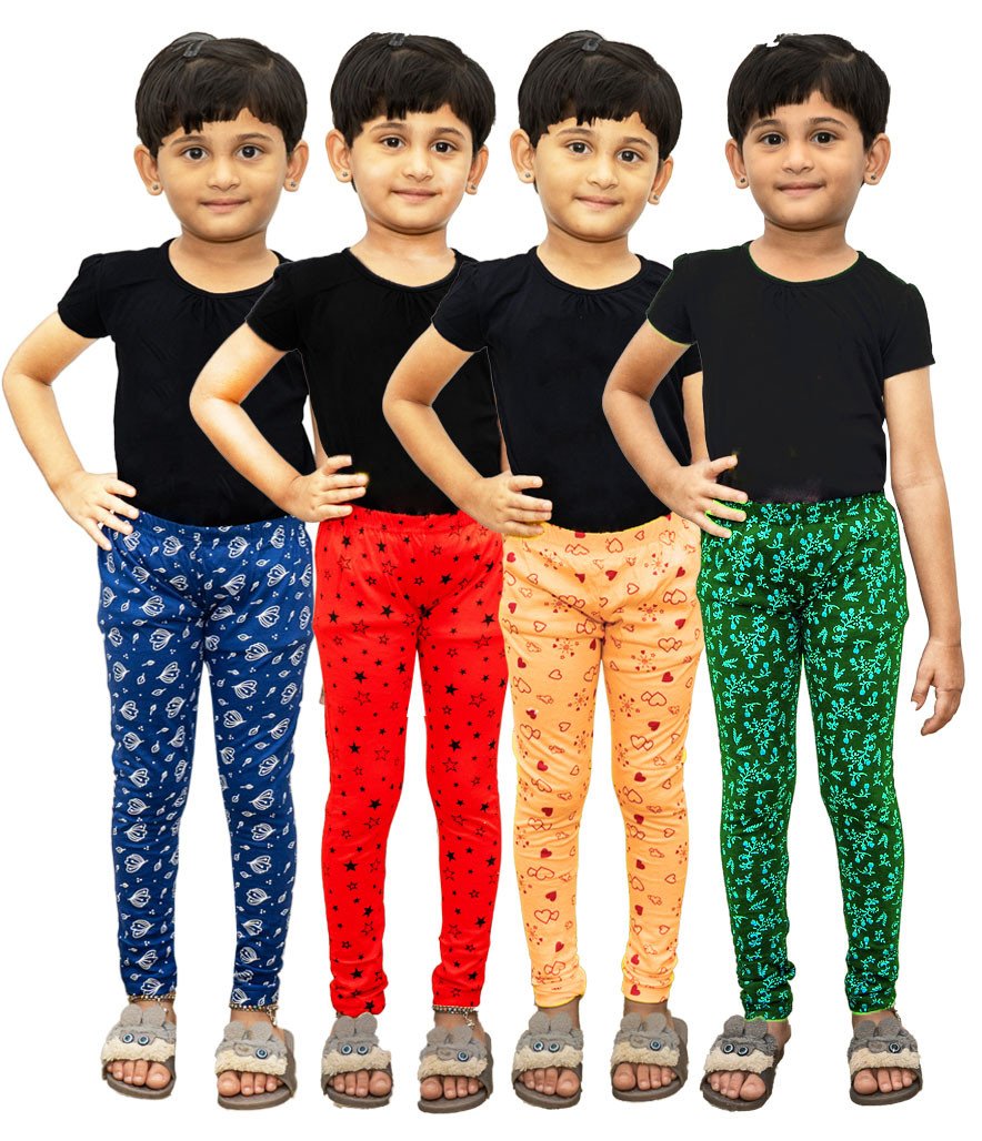 AFRA Garments Stylish Casual And Formal Ankle Length Printed Pure Cotton Leggings For Kids (Pack of 4)  | Full Length Leggings 4 in 1 (Combo)
