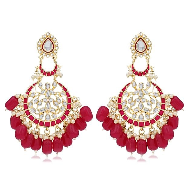 Amazing Pearl Gold Plated Brass Red Kundan Meenakari Chandbali Earring for Women (SKR56903)
