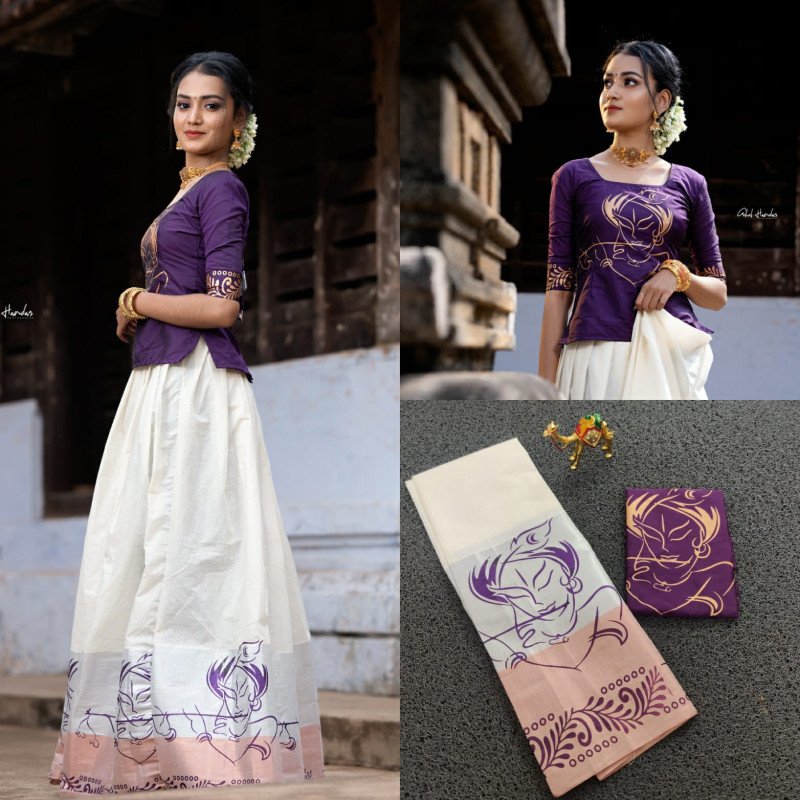 Sai Ram Textiles Kerala Kuthampully Krishna Silver Rose Copper Cotton Pattu Pavada Material - Multicolour | Kerala Traditional Pattupavada Material