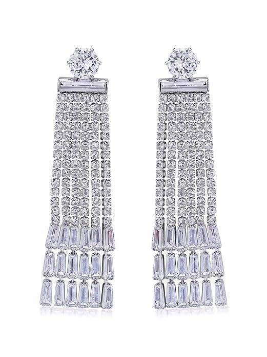 Elegant Sparkling Rhodium Plated White AD Stones Studded Multi Layered Long Dangler Earrings | Western Fashion Jewellery For Women (E104960
