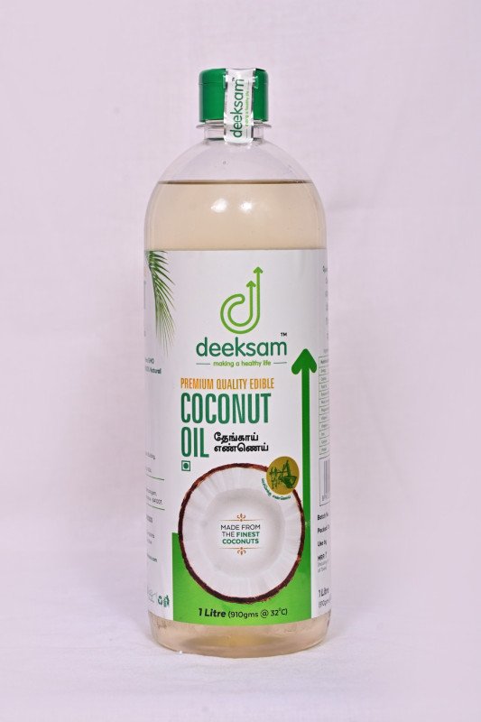 DEEKSAM WOOD PRESSED COCONUT OIL 1L - PACK OF 5 | UNREFIND OIL | CHEKKU OIL | MARACHEKKU OIL | GHANI | COPRA OIL | EDIBLE OIL | COOKING OIL | CHEMICAL FREE OIL | THENGAI ENNAI