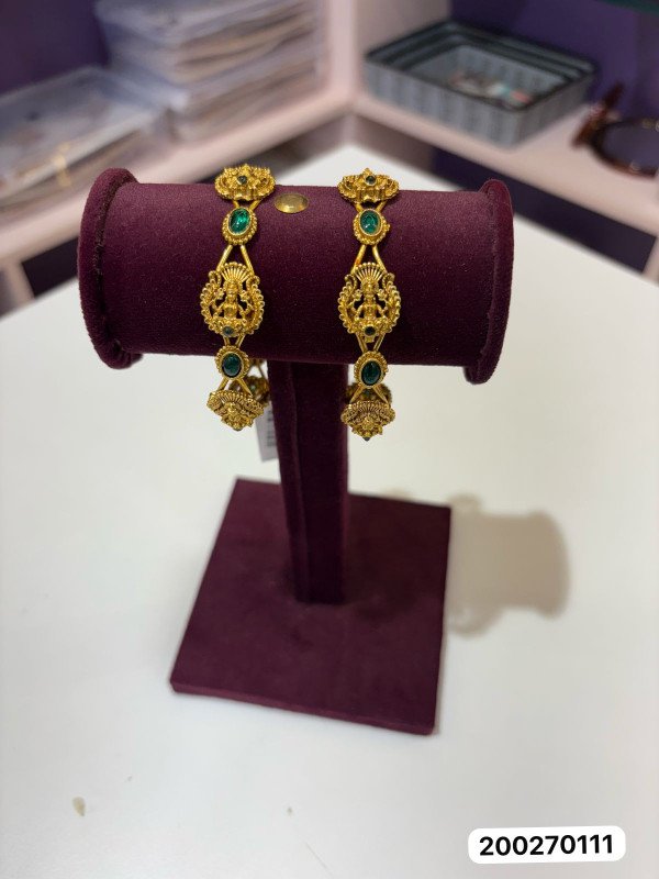 Flora's  Elegant Lakshmi Bangles Set With Green Stone For Women