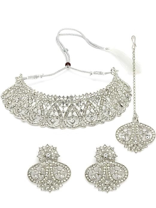 Sukkhi Universal Rhodium Plated Silver Ad Stone Studded Choker Necklace Set For Women
