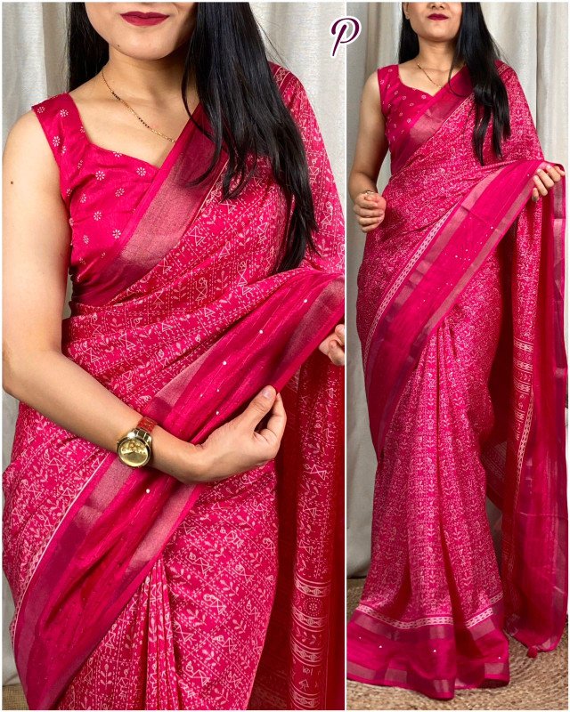 Edathal Star Collection's Kalamkari Print Saree With Sequin & Zari Boder & Tussles In Pallu With Printed Blouse - Pink Colour | Soft Cotton Kalamkari Printed Saree
