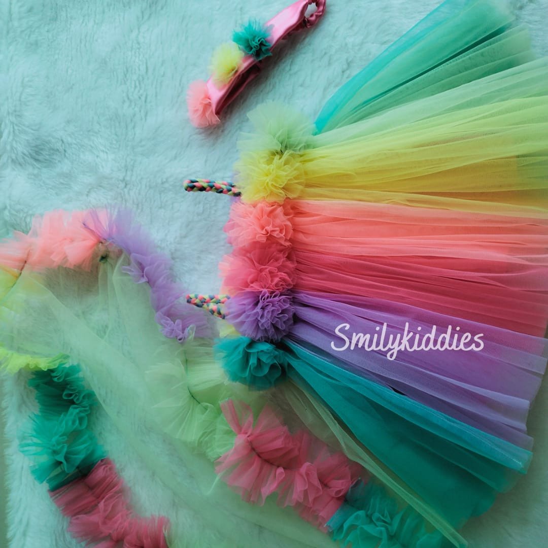 Beautiful & Attractive Stylish Kids Multi Colour Frock With Hairband & Tail  For Baby Girl - Multi Colour | Kids Wear Frock