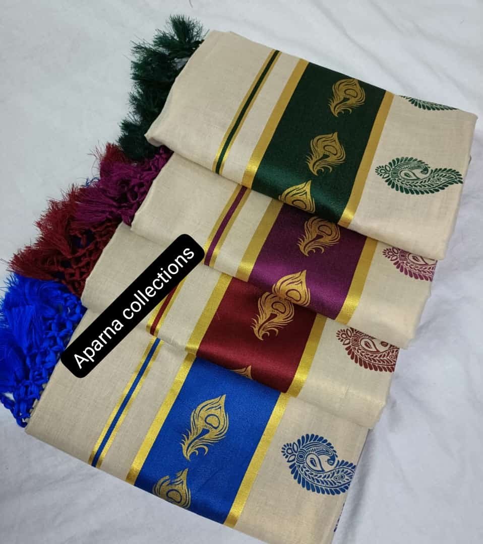 Aparna Collection's Women Attractive Tissue Golden Printed Kunjalam Saree With Blouse - Multicolour | Kerala Traditional Set Saree With Blouse
