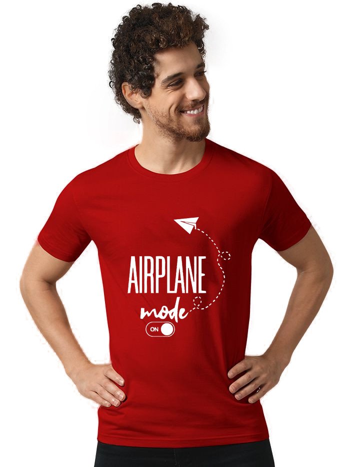 Beorign Regular Fit Stylish Look Trendy Casual Simple Cotton Blend Half Sleeves Aeroplane Mode On Printed T-Shirt for Men - Red Colour ( M , L , XL )