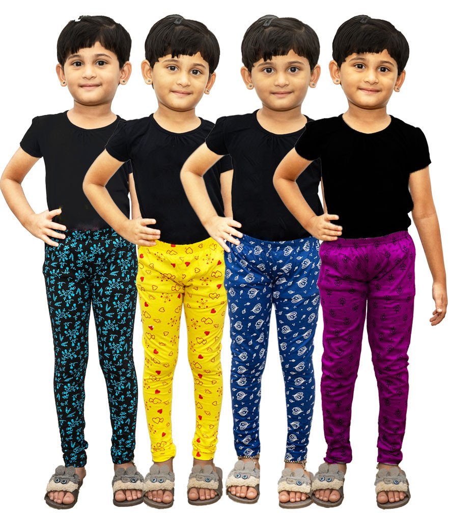 AFRA Garments Stylish Slim Fit Casual And Formal Ankle Length Printed Pure Cotton Leggings For Kids (Pack of 4)  | Full Length Leggings 4 in 1 (Combo)