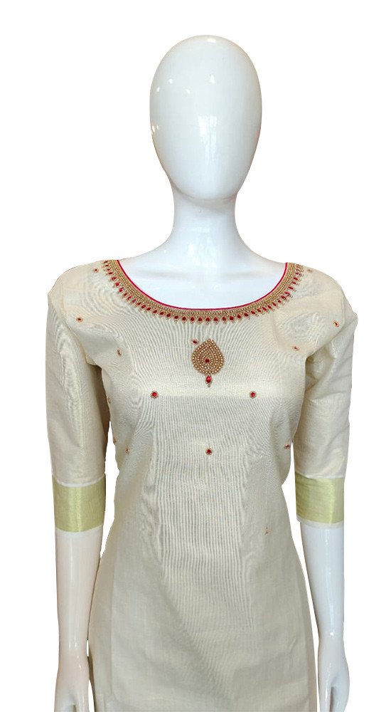 Avanika Collection's Kerala Traditional Attractive Tissue Cotton Salwar Full Set (Tissue Dupatta With Bead Work) | Kerala Traditional Churidar Set