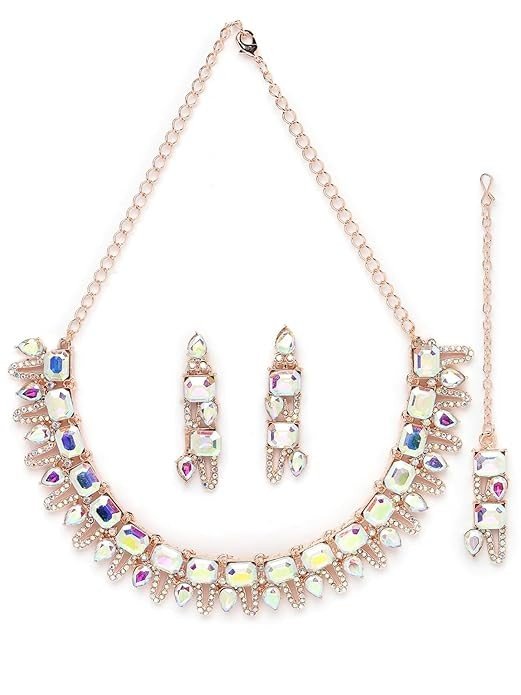 Sukkhi Sightly Rose Gold Plated Rainbow Stones Collar Bone Necklace Set With Earring And Maangtika | Jewellery Set For Women (NS104990)