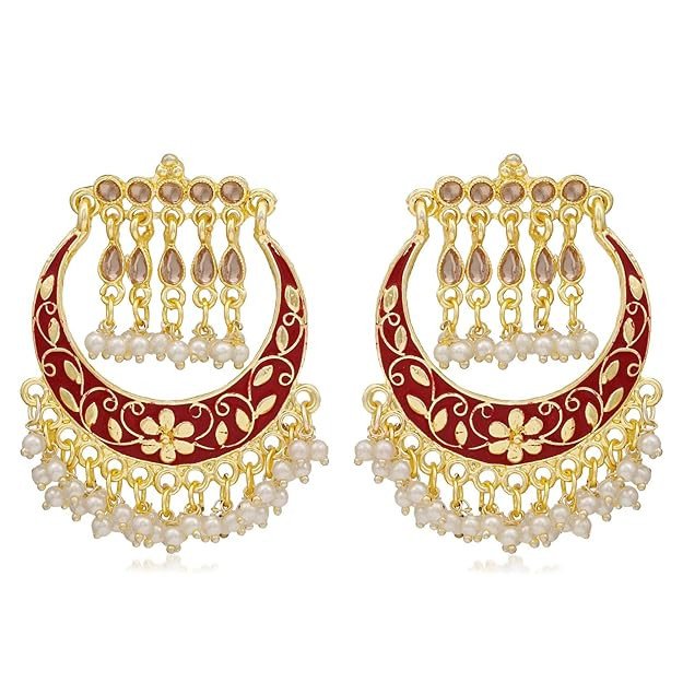 Lavish Pearl Gold Plated Floral Meenakari Chandbali Earring For Women (SKR56836)