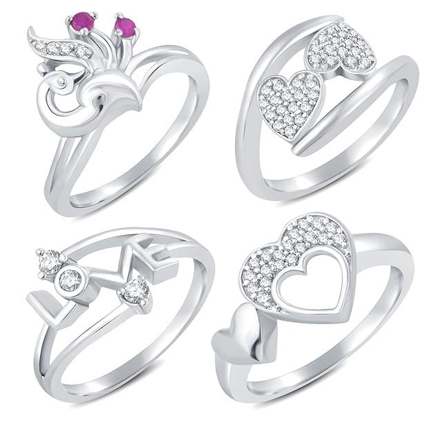 Valentine Collection Stylish Rhodium Plated Cz Combo Ring For Women Pack Of 4