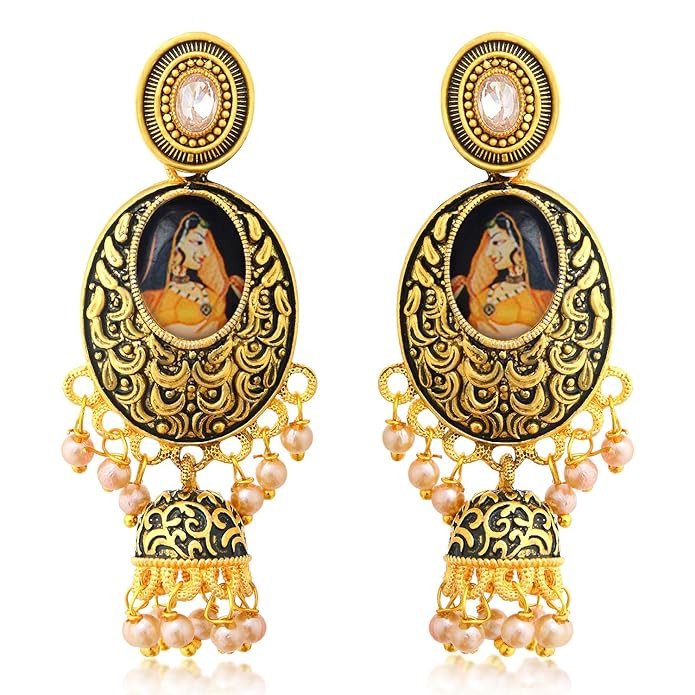 Vintage Pearl Gold Plated Hand-Painted Dulhan Chandelier Jhumki Earring For Women.