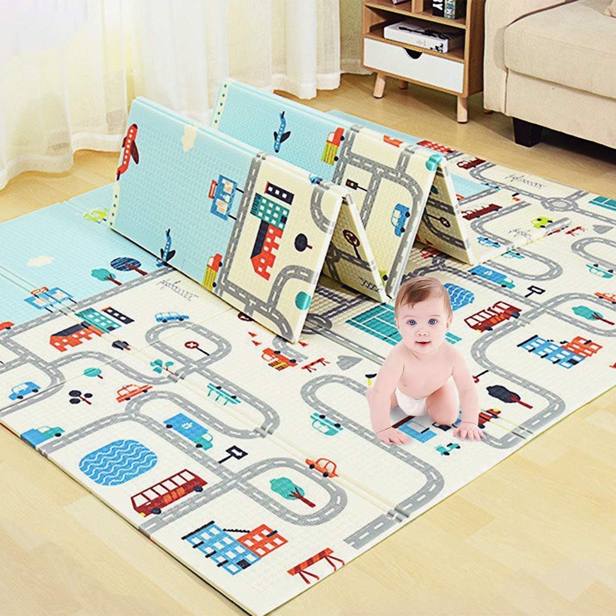 SmartGadgets Baby Folding Mat-Large Reversible Baby Play Mat, BPA Free Learning & Crawling Foldable Foam Mat (6.5x5 ft, 0.6cm Thickness) Multicolor