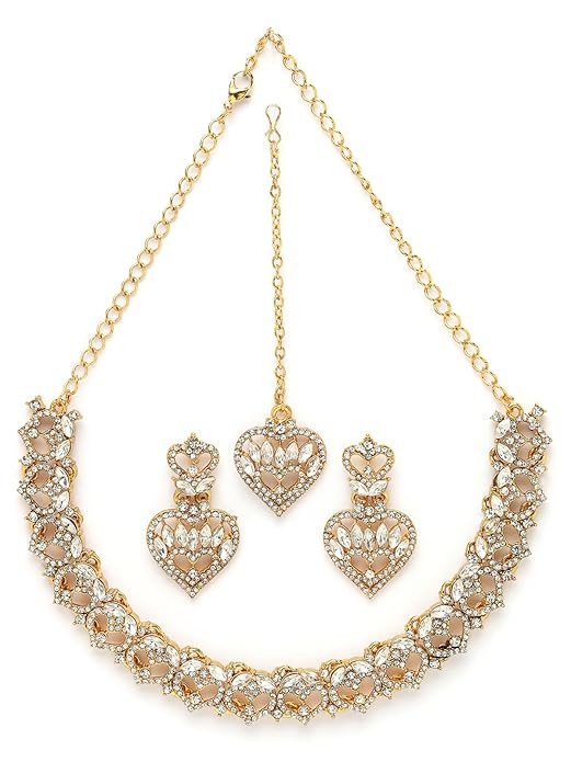 Wonderful Gold Plated AD White Stone Collar Bone Necklace Set With Earring And Maangtika | Jewellery Set For Women (NS105620)