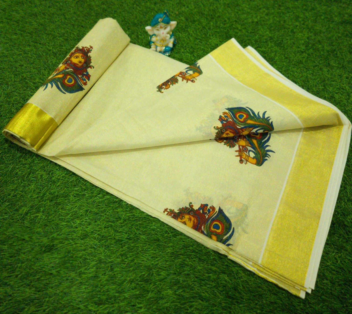 Edathal Star Collection's Kerala Traditional Silver & Gold Tissue Mural Hand Painted  Saree For Women | Kerala Traditional Kasavu Mural Saree