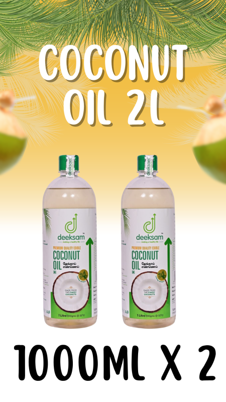 DEEKSAM WOOD PRESSED COCONUT OIL 1L - PACK OF 2 | UNREFIND OIL | CHEKKU OIL | MARACHEKKU OIL | GHANI | COPRA OIL | EDIBLE OIL | COOKING OIL | CHEMICAL FREE OIL | THENGAI ENNAI